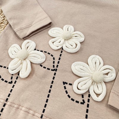 Conj. Blusa Manga Longa Flores 3D e Calça Floral - Areia